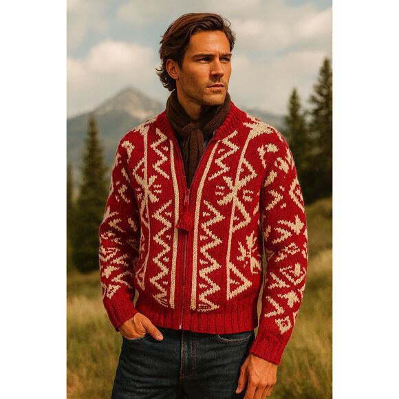 Vintage Ralph Lauren Men’s Hand-Knit Wool Sweater Navajo Red Zip Cardigan Medium - Picture 1 of 8